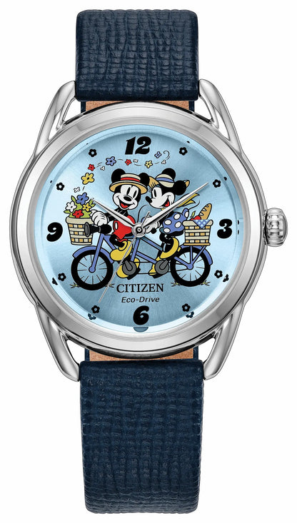 Mickey Mouse and Minnie Mouse Picnic Pedal Blue Dial Leather Strap FE7097-05W | Citizen Essential