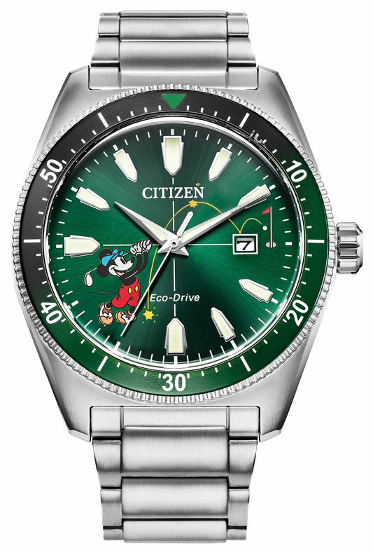Tee Time Mickey Green Dial Stainless Steel Bracelet AW1595-78W | Citizen Value