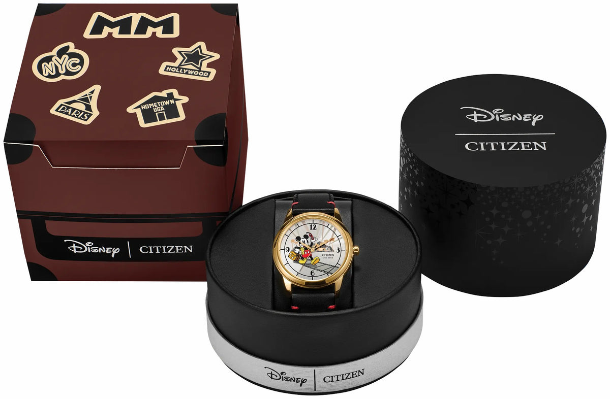 Mickey Mouse Takes Hollywood Silver-Tone Dial Leather Strap FE7063-07W | Citizen Essential