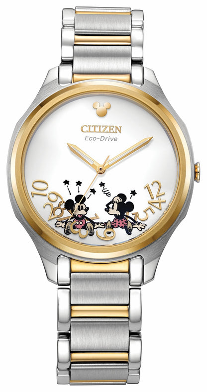Falling Mickey & Minnie Silver-Tone Dial Stainless Steel Bracelet EM0754-59W | Citizen Trusted