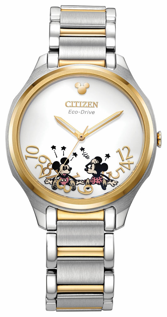 Falling Mickey & Minnie Silver-Tone Dial Stainless Steel Bracelet EM0754-59W | Citizen Trusted